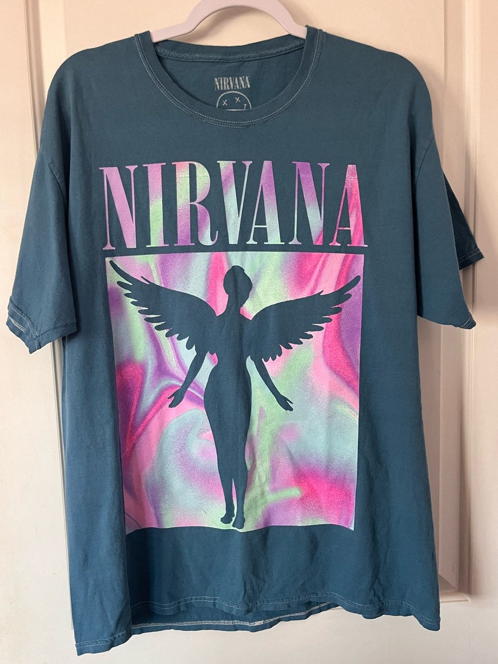 NIRVANA Blue Crewneck Tee with White Smiley Logo M/L